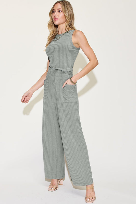 Basic Bae Full Size Ribbed Tank and Wide Leg Pants Set - Enchanting Top