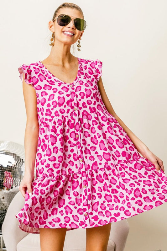 BiBi Leopard Cap Sleeve Tiered Mini Dress - Enchanting Top