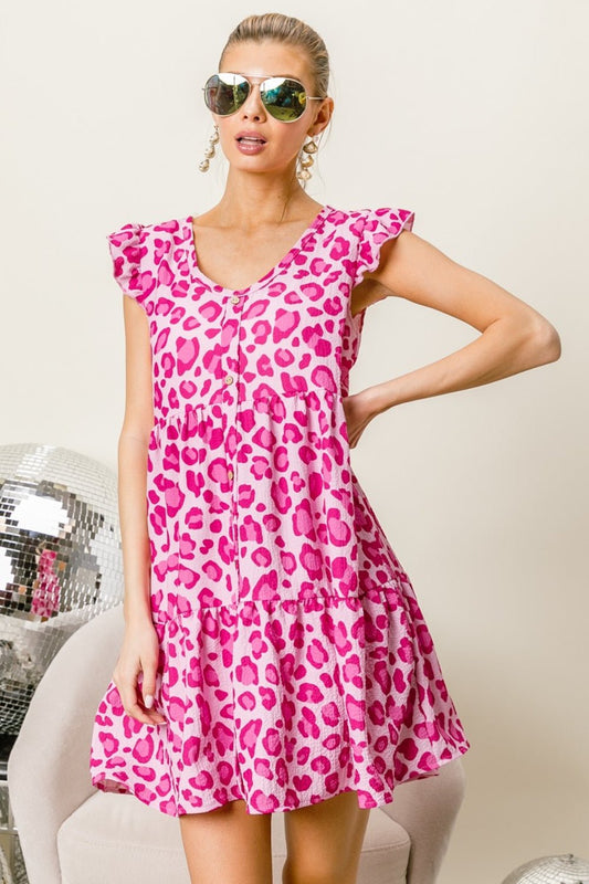 BiBi Leopard Cap Sleeve Tiered Mini Dress - Enchanting Top