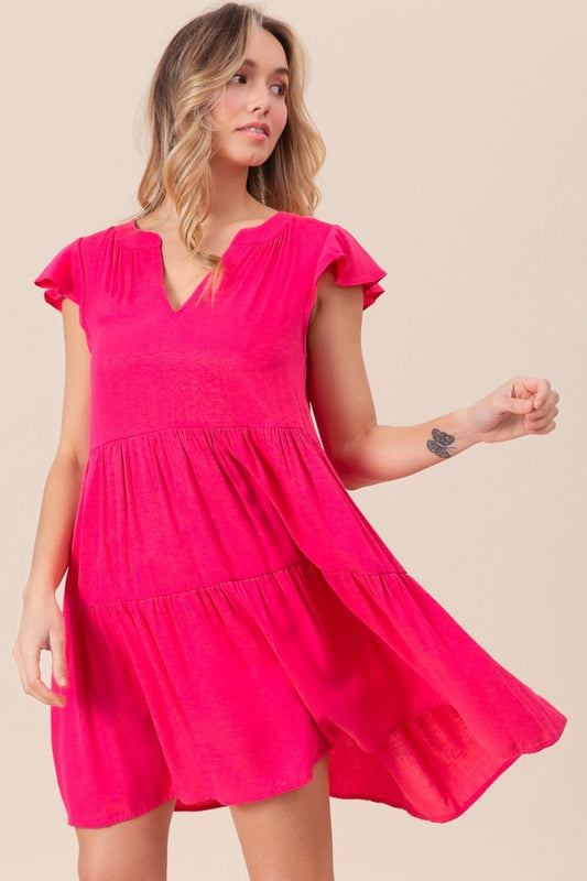 BiBi Textured Woven Tiered Dress With Ruffled Sleeves - Enchanting Top