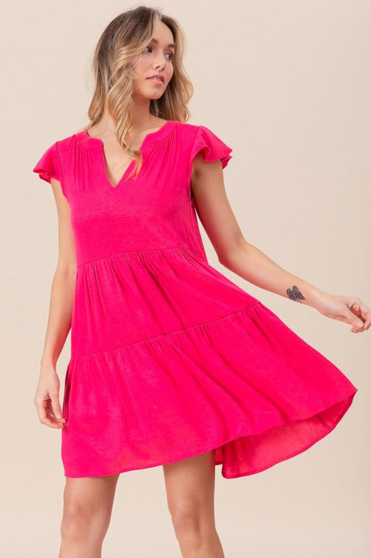 BiBi Textured Woven Tiered Dress With Ruffled Sleeves - Enchanting Top