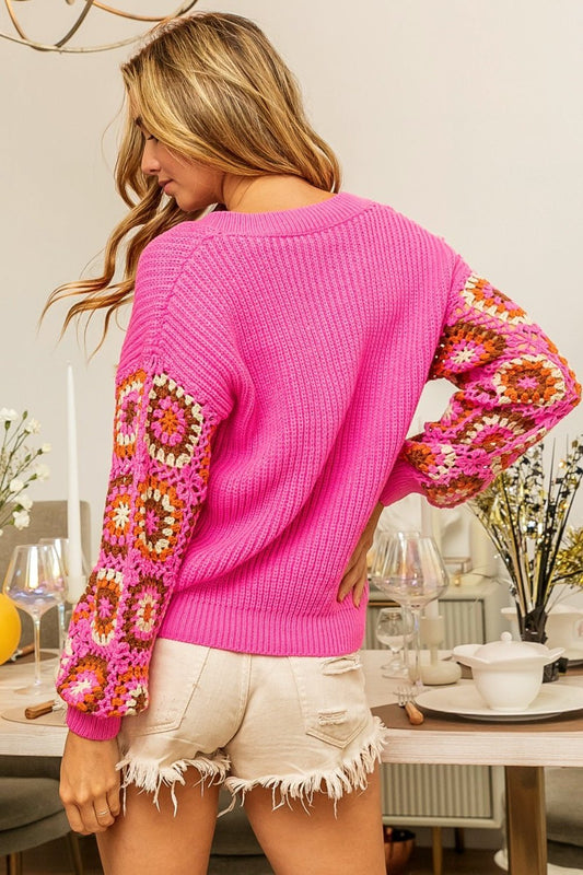 BiBi V-Neck Crochet Long Sleeve Sweater - Enchanting Top