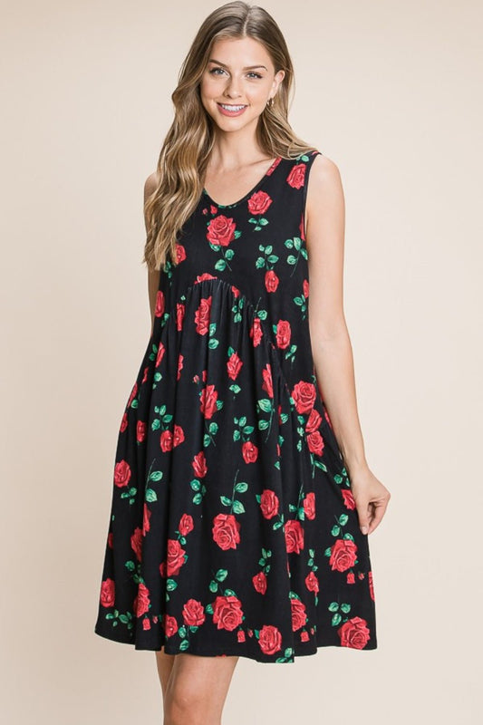 BOMBOM Floral Ruched Tank Dress - Enchanting Top