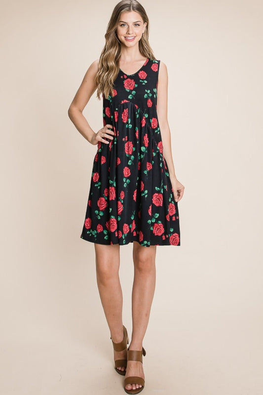 BOMBOM Floral Ruched Tank Dress - Enchanting Top