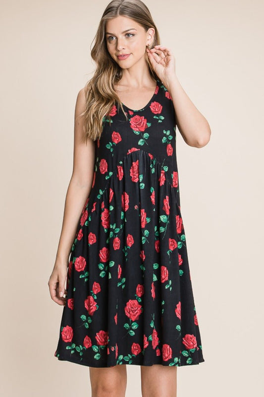 BOMBOM Floral Ruched Tank Dress - Enchanting Top