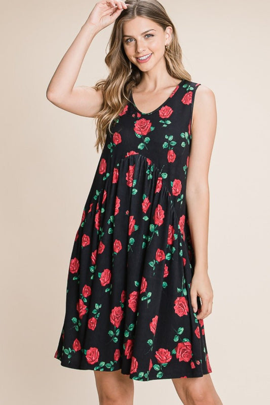 BOMBOM Floral Ruched Tank Dress - Enchanting Top