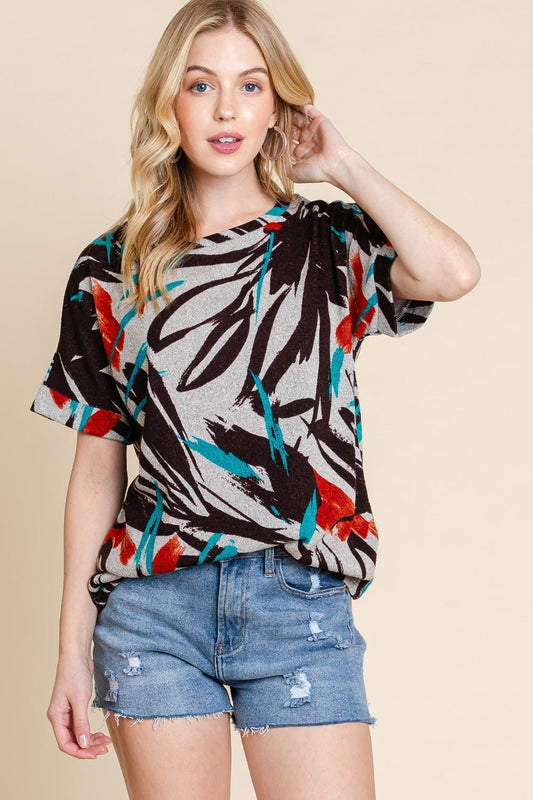 BOMBOM Printed Round Neck Short Sleeve T-Shirt - Enchanting Top