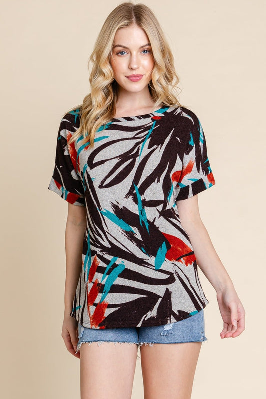 BOMBOM Printed Round Neck Short Sleeve T-Shirt - Enchanting Top