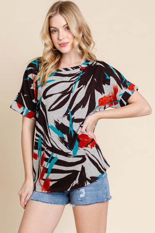 BOMBOM Printed Round Neck Short Sleeve T-Shirt - Enchanting Top