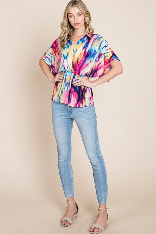 BOMBOM Printed Surplice Peplum Blouse - Enchanting Top