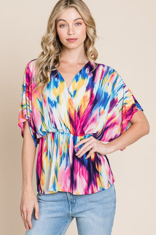 BOMBOM Printed Surplice Peplum Blouse - Enchanting Top