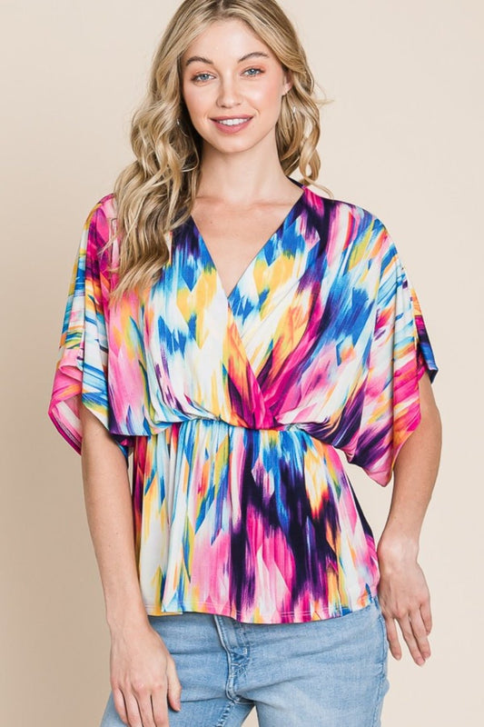 BOMBOM Printed Surplice Peplum Blouse - Enchanting Top