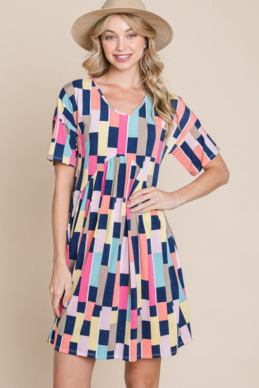 BOMBOM Ruched Color Block Short Sleeve Mini Dress - Enchanting Top