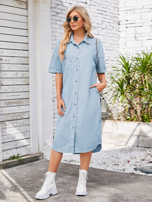 Button Up Dropped Shoulder Denim Dress - Enchanting Top