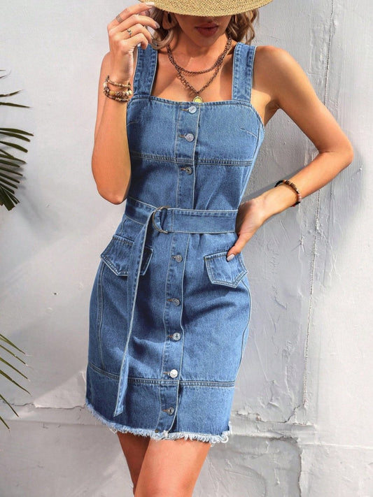 Button Up Raw Hem Denim Dress - Enchanting Top