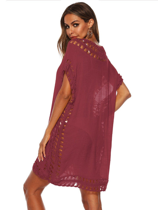 Cutout V-Neck Short Sleeve Cover-Up - Enchanting Top