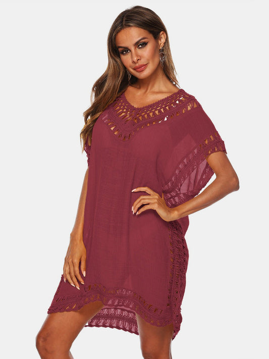 Cutout V-Neck Short Sleeve Cover-Up - Enchanting Top