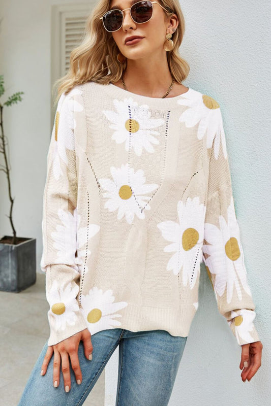 Daisy Print Openwork Round Neck Sweater - Enchanting Top