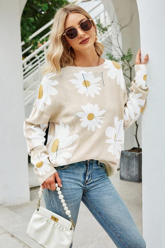 Daisy Print Openwork Round Neck Sweater - Enchanting Top