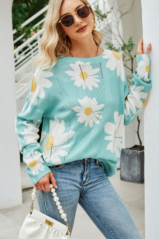 Daisy Print Openwork Round Neck Sweater - Enchanting Top