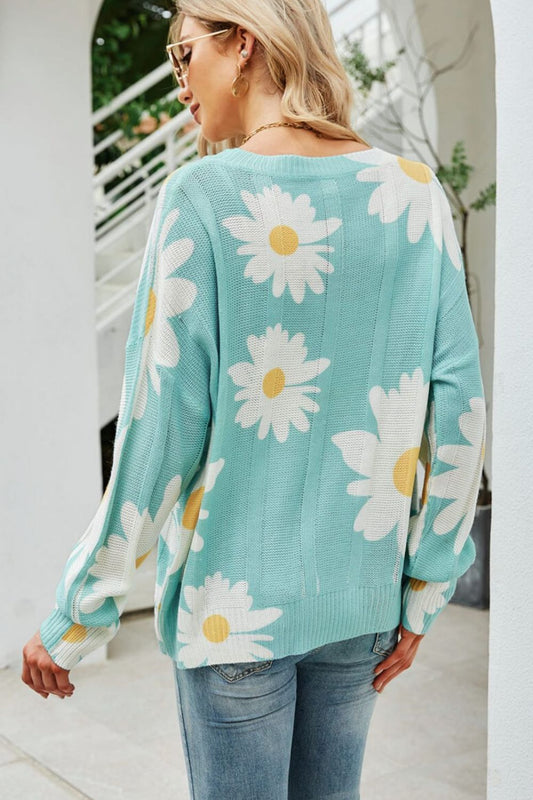 Daisy Print Openwork Round Neck Sweater - Enchanting Top