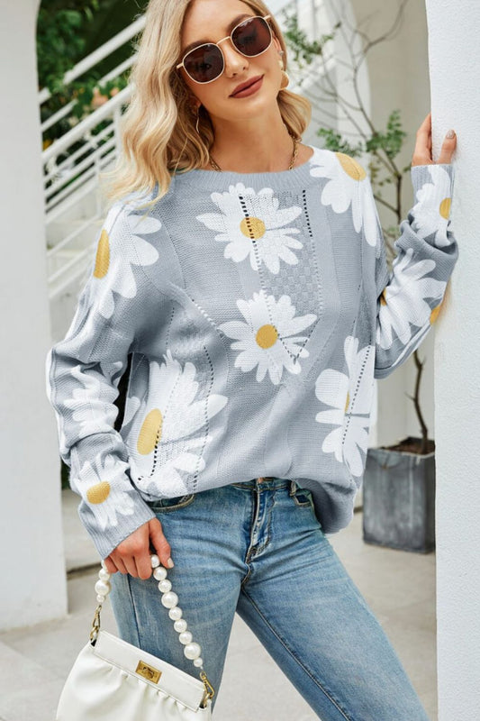 Daisy Print Openwork Round Neck Sweater - Enchanting Top