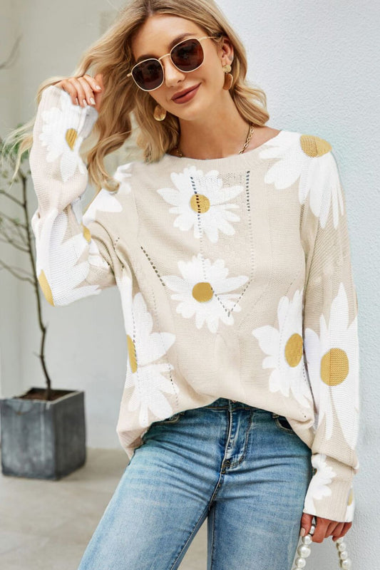 Daisy Print Openwork Round Neck Sweater - Enchanting Top