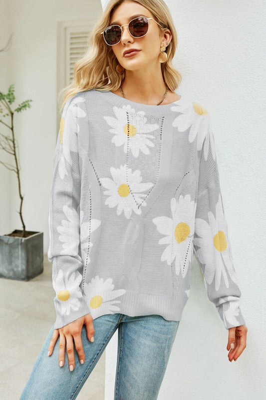 Daisy Print Openwork Round Neck Sweater - Enchanting Top