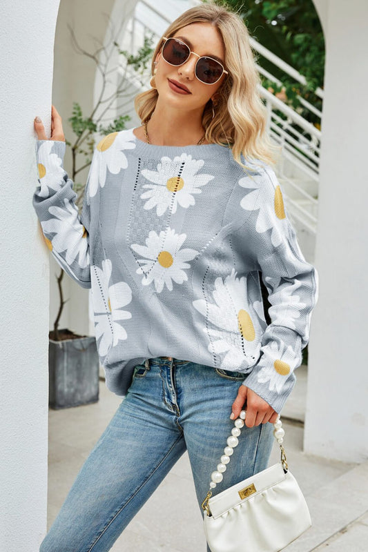 Daisy Print Openwork Round Neck Sweater - Enchanting Top