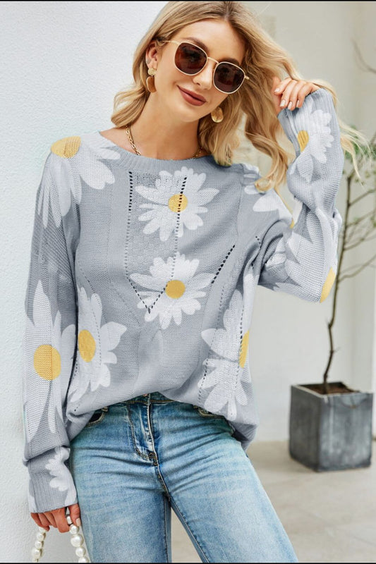 Daisy Print Openwork Round Neck Sweater - Enchanting Top