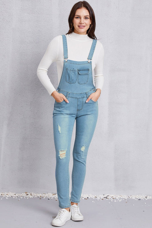 Distressed Washed Denim Overalls with Pockets - Enchanting Top