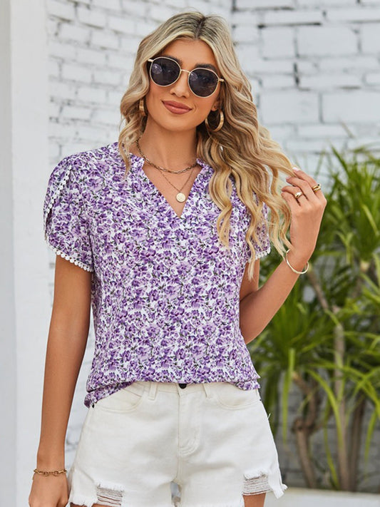 Double Take Floral Notched Neck Blouse - Enchanting Top