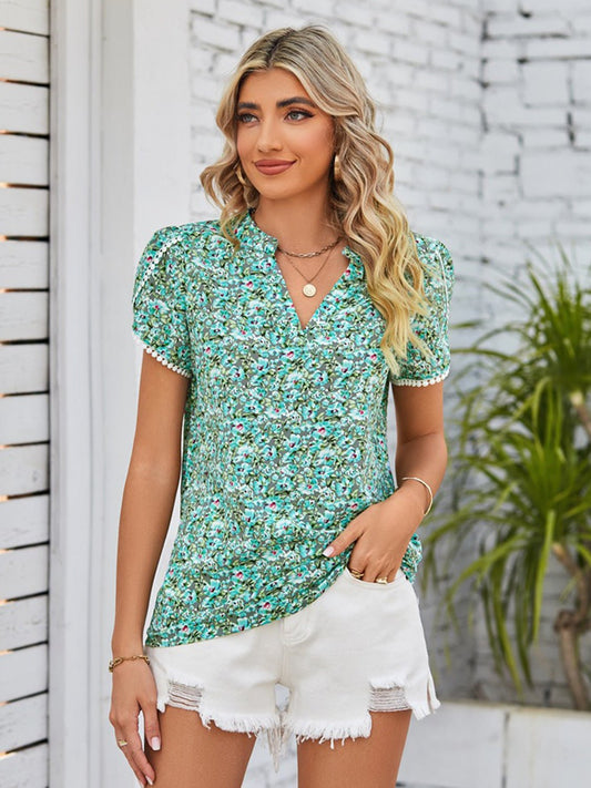 Double Take Floral Notched Neck Blouse - Enchanting Top