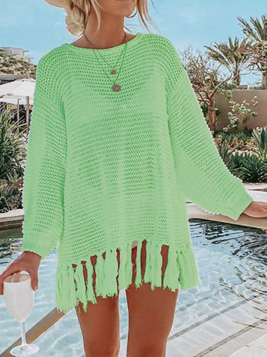 Double Take Openwork Tassel Hem Long Sleeve Knit Cover Up - Enchanting Top