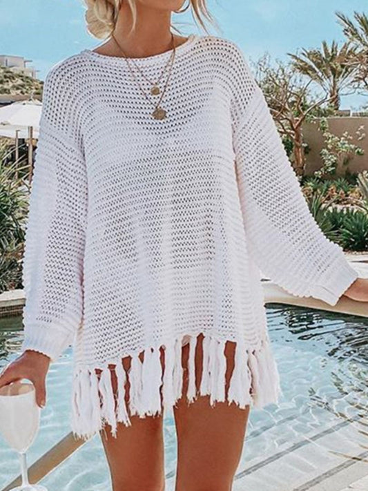 Double Take Openwork Tassel Hem Long Sleeve Knit Cover Up - Enchanting Top