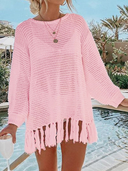 Double Take Openwork Tassel Hem Long Sleeve Knit Cover Up - Enchanting Top