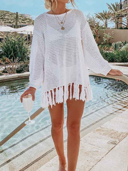 Double Take Openwork Tassel Hem Long Sleeve Knit Cover Up - Enchanting Top