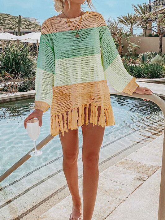 Double Take Openwork Tassel Hem Long Sleeve Knit Cover Up - Enchanting Top