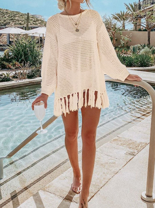 Double Take Openwork Tassel Hem Long Sleeve Knit Cover Up - Enchanting Top