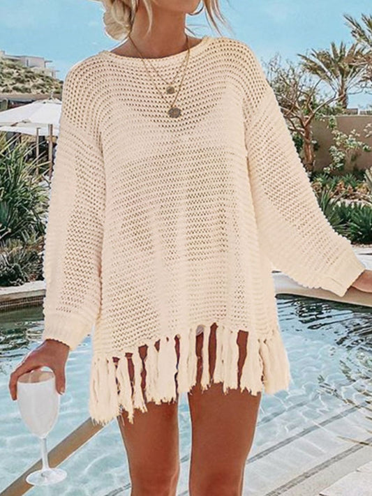 Double Take Openwork Tassel Hem Long Sleeve Knit Cover Up - Enchanting Top