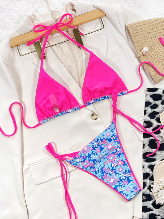 Floral Halter Neck Tie Side Bikini Set - Enchanting Top