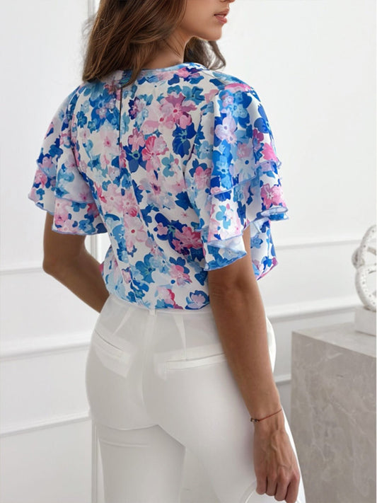 Floral Round Neck Flutter Sleeve Blouse - Enchanting Top