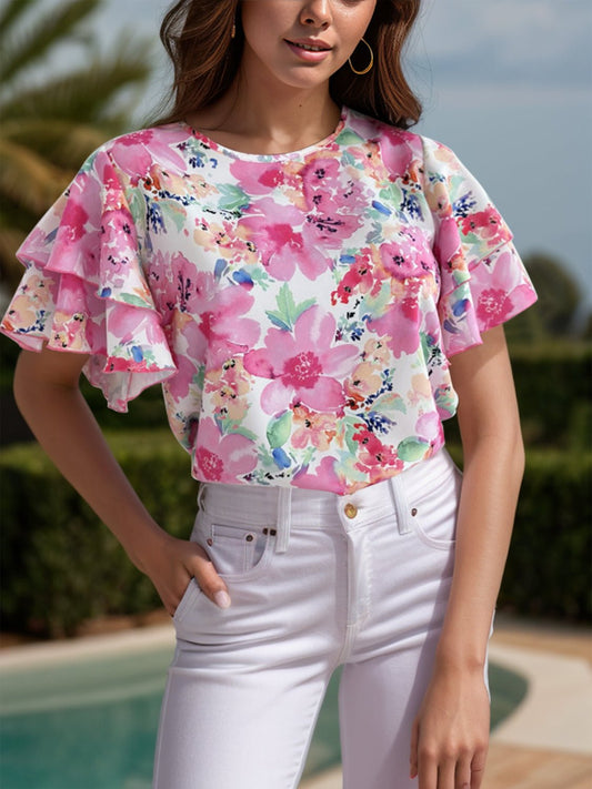 Floral Round Neck Flutter Sleeve Blouse - Enchanting Top