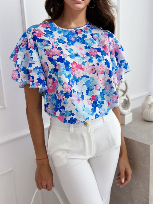 Floral Round Neck Flutter Sleeve Blouse - Enchanting Top