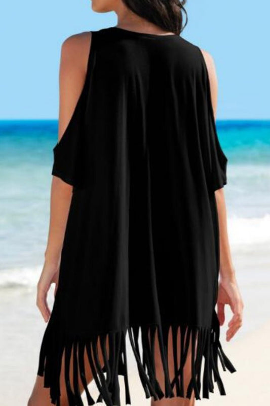 Fringe V-Neck Cold Shoulder Cover Up - Enchanting Top