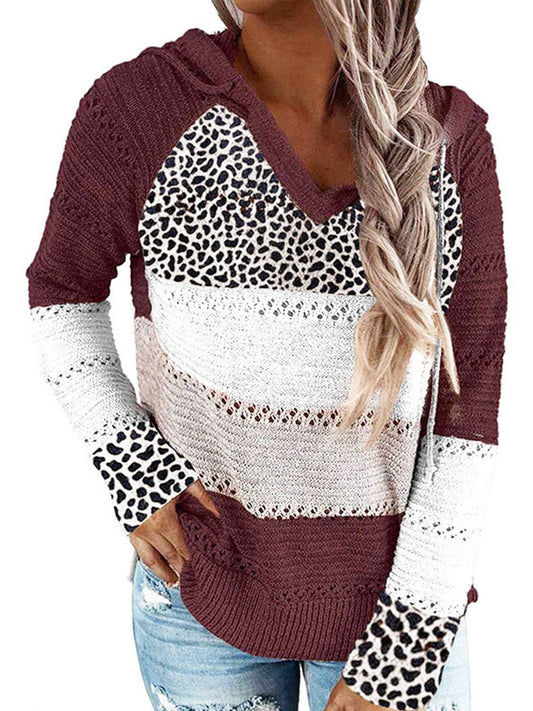 Full Size Openwork Leopard Drawstring Hooded Sweater - Enchanting Top