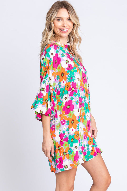 GeeGee Full Size Floral Round Neck Lantern Sleeve Mini Dress - Enchanting Top