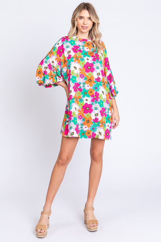 GeeGee Full Size Floral Round Neck Lantern Sleeve Mini Dress - Enchanting Top