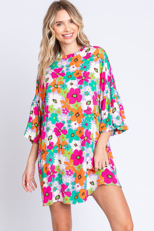 GeeGee Full Size Floral Round Neck Lantern Sleeve Mini Dress - Enchanting Top