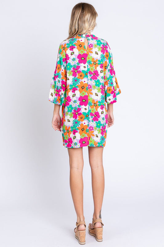 GeeGee Full Size Floral Round Neck Lantern Sleeve Mini Dress - Enchanting Top